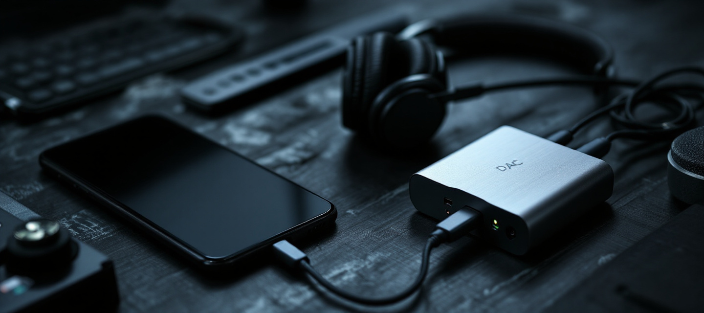 Smartphone on a slate desk connected to a portable USB DAC and open-back studio headphones