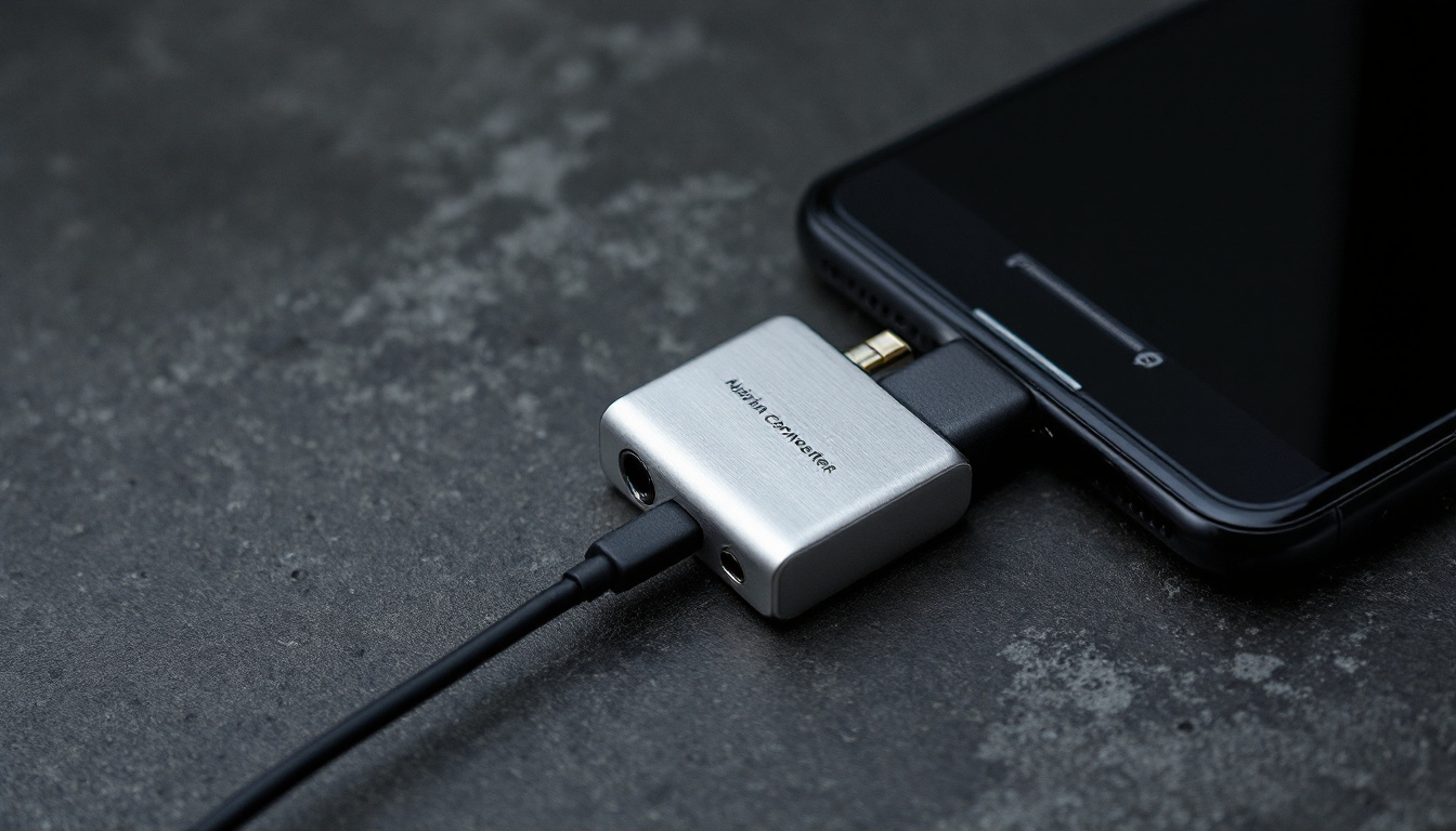 Brushed metal portable digital-to-analogue converter connected to a phone on a dark surface